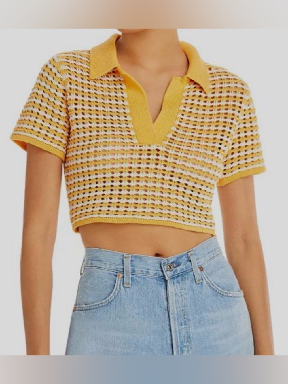 Derek Lam 10 Crosby Women's Orange Yellow Crochet Stripe Crop Polo Top Size M